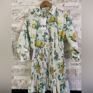 ZARA white Floral Print New w/ tags 
Longsleeve Flared Cotton Dress Women: S